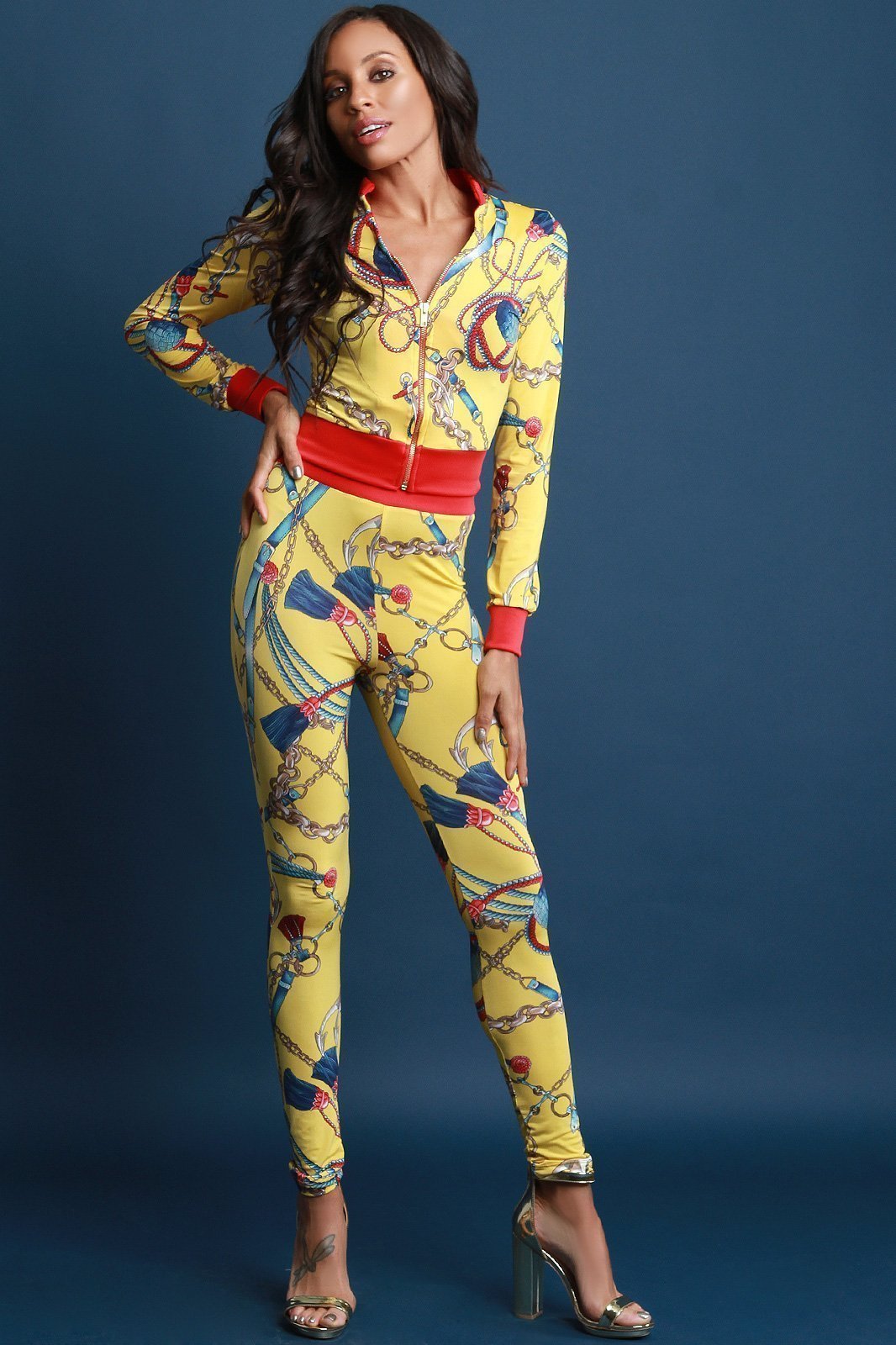 Belted Chain Tassel Print Zip-Up Jacket with Pants Set test