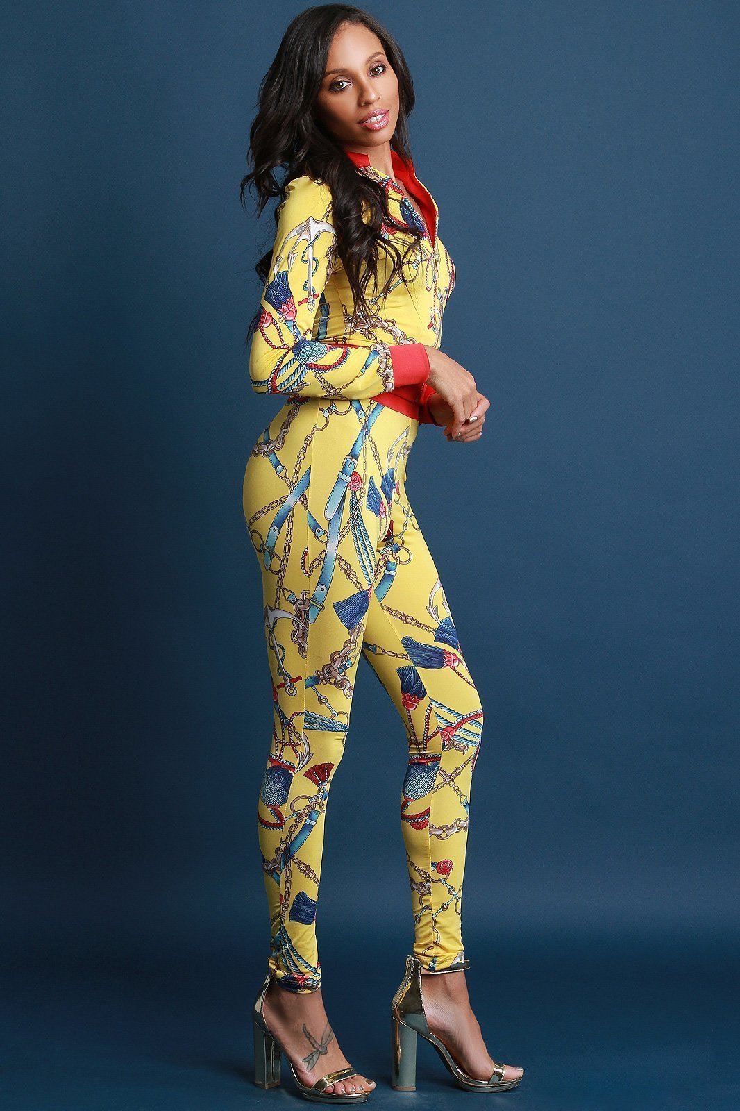 Belted Chain Tassel Print Zip-Up Jacket with Pants Set test