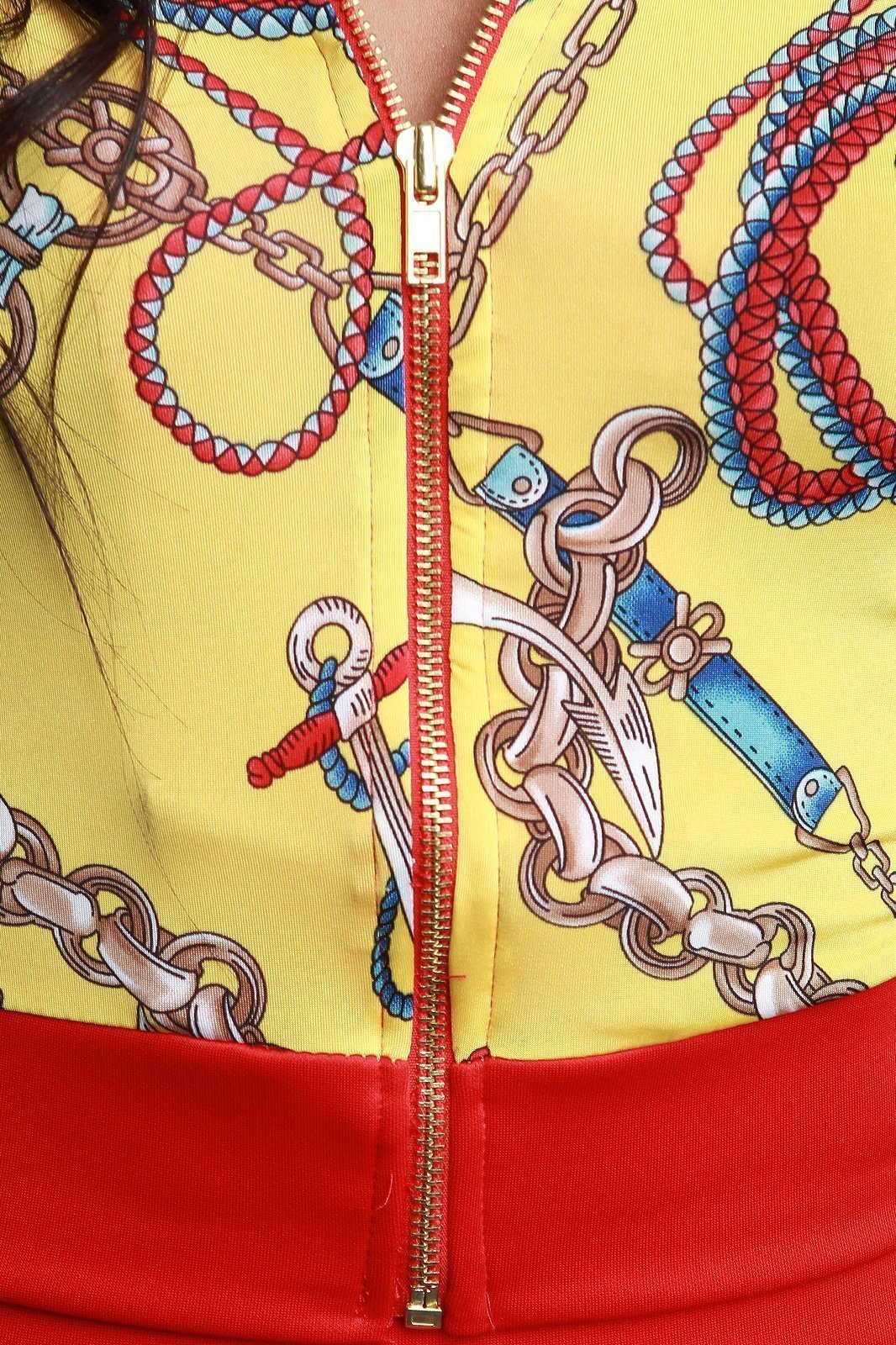 Belted Chain Tassel Print Zip-Up Jacket with Pants Set test