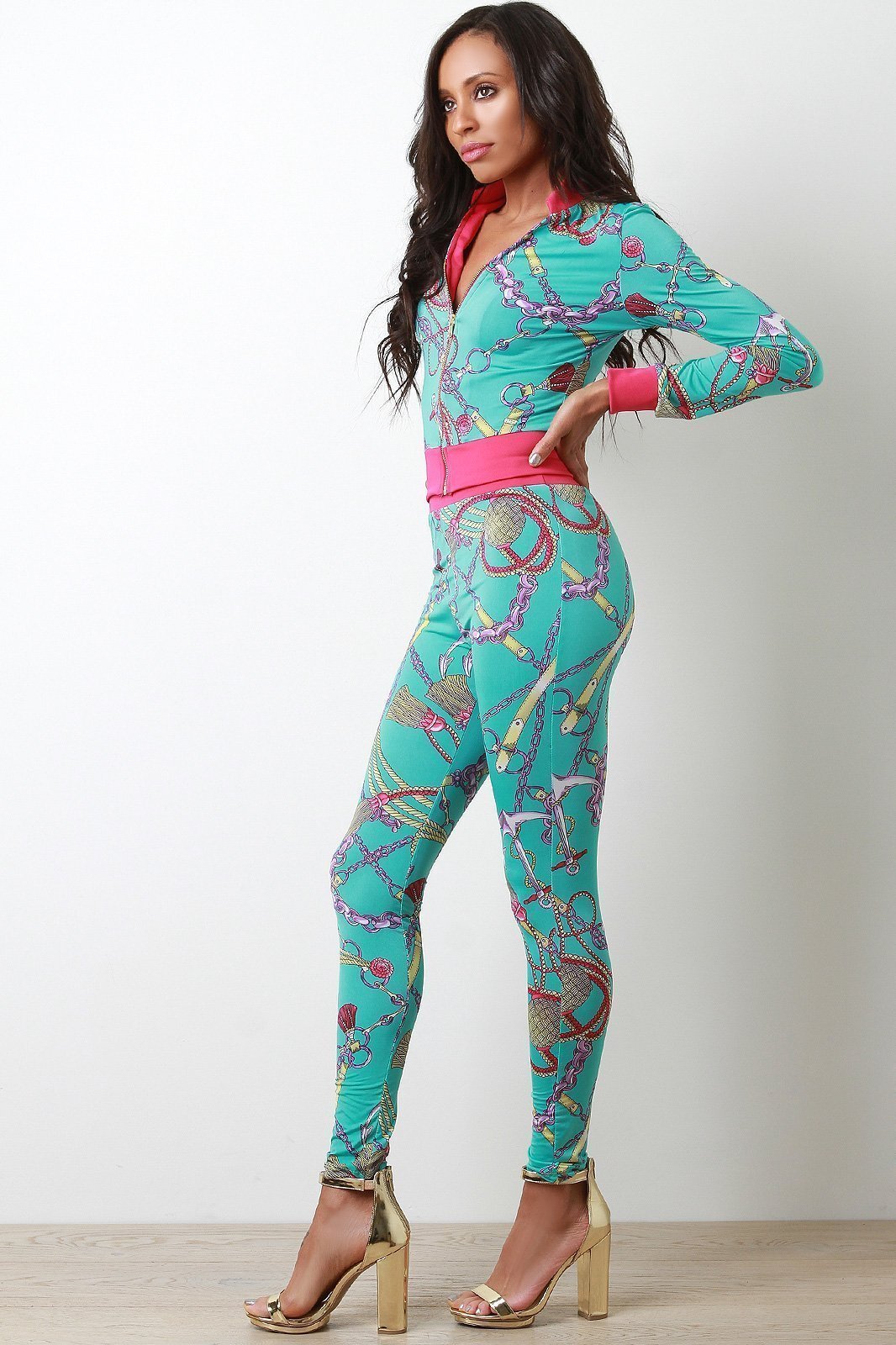 Belted Chain Tassel Print Zip-Up Jacket with Pants Set test