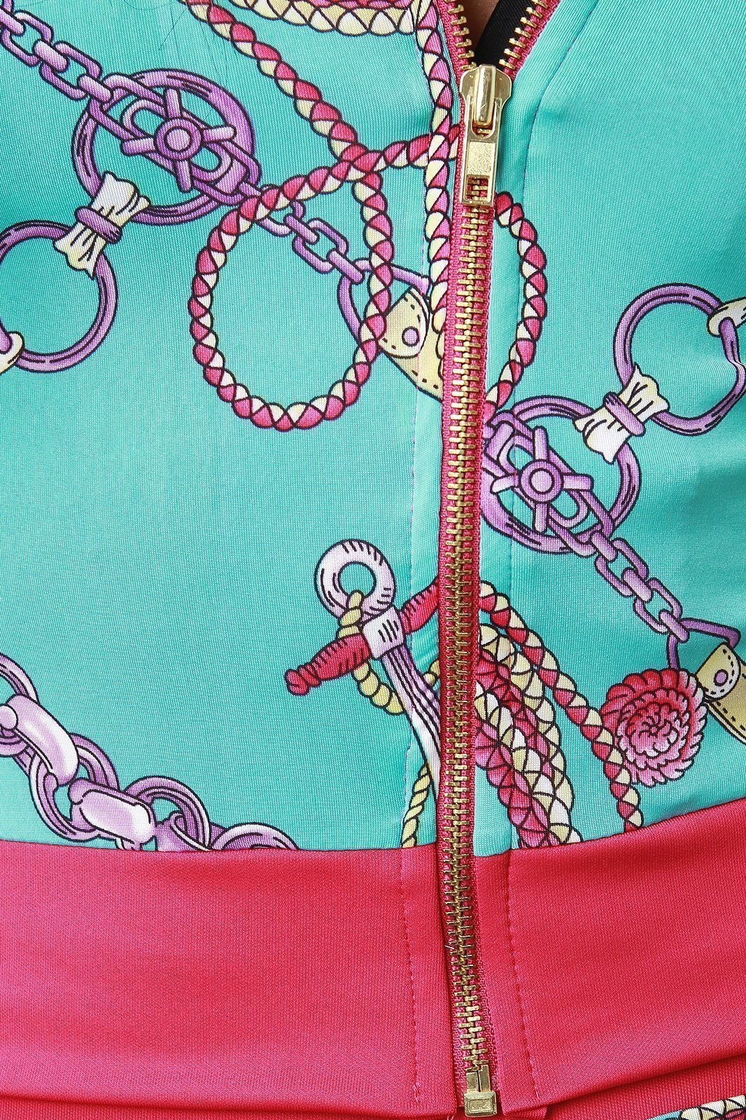 Belted Chain Tassel Print Zip-Up Jacket with Pants Set test