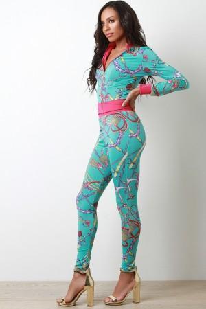 Belted Chain Tassel Print Zip-Up Jacket with Pants Set test