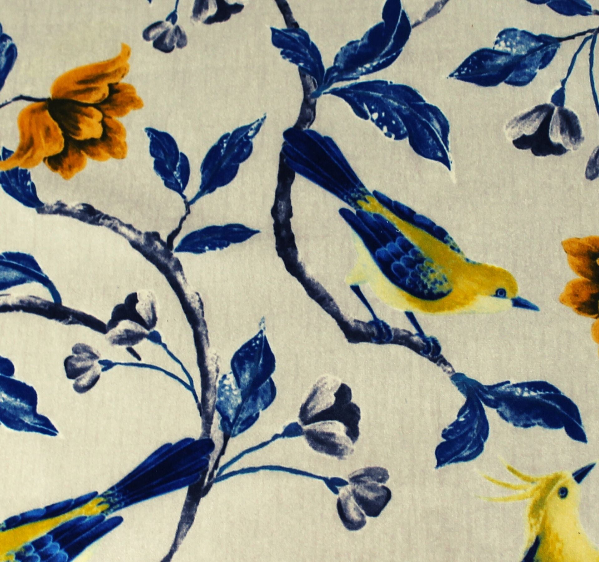 sweet bird print floral for spring on a practical fabric which is long wearing and easy care.   This color is royal blue and yellow with a greige background.
