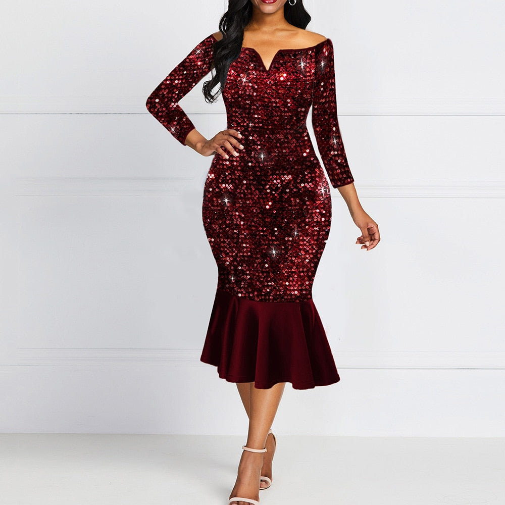 Mermaid  Glitter Sequin Midi Party Dress