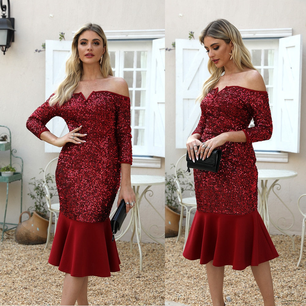 Mermaid  Glitter Sequin Midi Party Dress